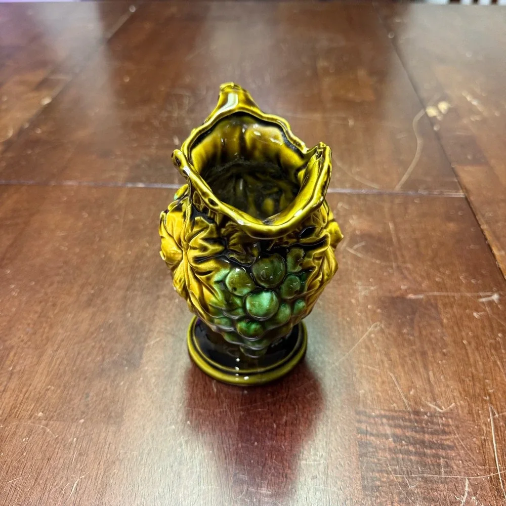 Vintage Japan Ceramic Grape Pitcher Small Green Gold Majolica Style 5.5in